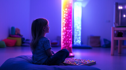 A child sitting in a sensory room surrounded by glowing colorful lights and calming decor

