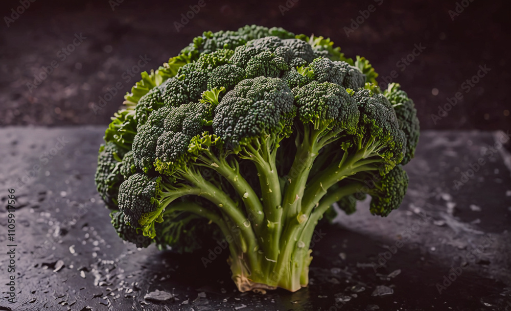 Poster large head of broccoli is sitting on a counter. the broccoli is green and has a stem
