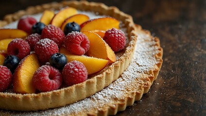 Delicious fruit tart with peaches and raspberries, powdered sugar.