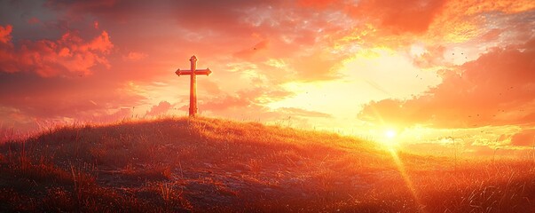 Obraz premium Serene Sunset with Cross on Hilltop