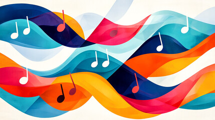 Vibrant abstract waves with musical notes intertwined, creating an artistic symphony of color and sound.
