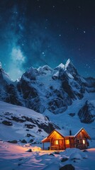 Fototapeta premium Cozy log cabin nestled in a snowy mountain landscape under the stunning night sky filled with twinkling stars The cabin is illuminated creating a warm and inviting atmosphere in the remote