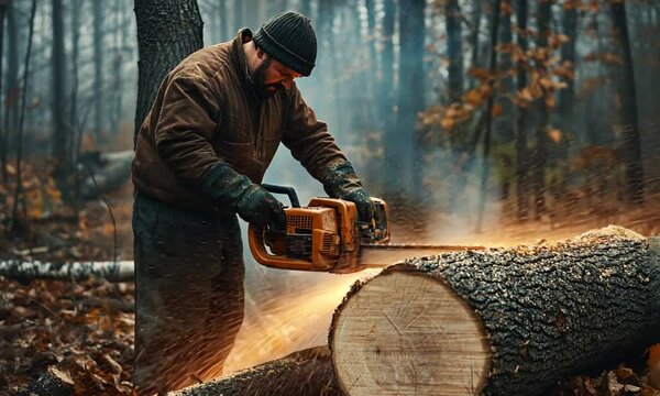 A man using a chainsaw to cut a log in a forest during autumn.