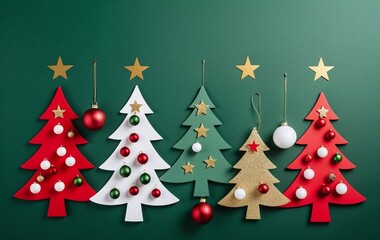 Fototapeta premium Festive Christmas tree decorations in vibrant red, green, white, and gold, set against a green background with star accents.