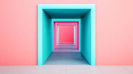 Fototapeta premium Vibrant geometric corridor with colorful walls creating an optical illusion of depth and perspective.