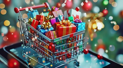 Overflowing Holiday Shopping Cart Brimming with Festive Gifts and Decor