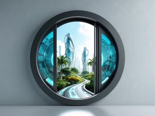 Abstract Circular Door with Rotating Holographic Patterns in a Futuristic Sci-Fi Environment