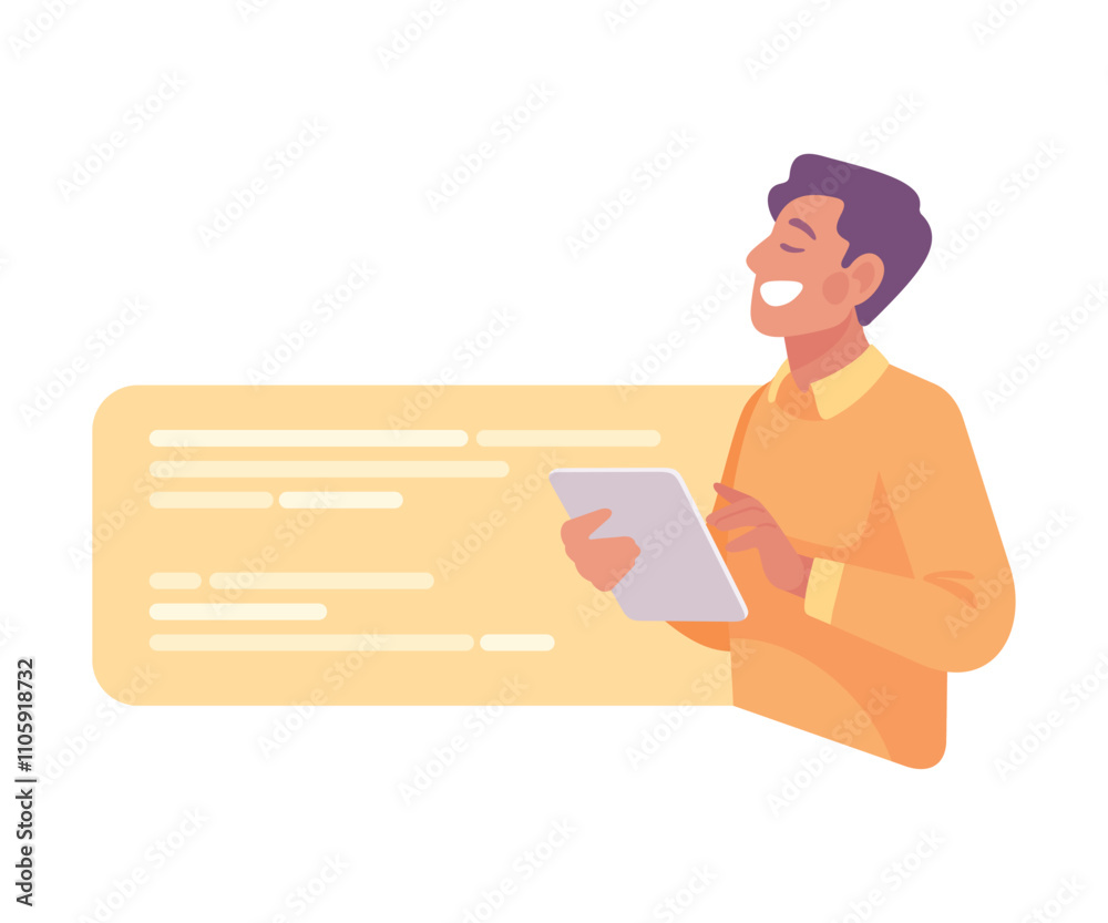 Aufkleber business process with man busy with analytics vector illustration