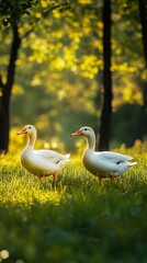 Obraz premium Lovely white ducks basking in the sunlight on green grass.