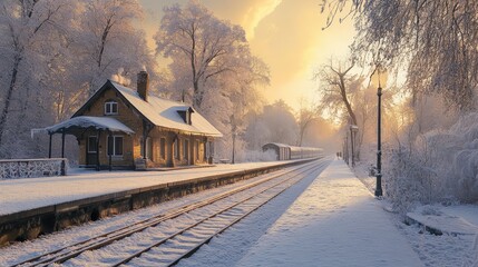 Naklejka premium Quiet, rustic train station surrounded by snow-laden trees and frosted platforms in early morning light