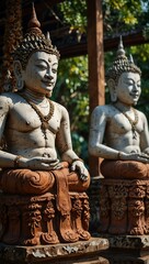 Demon guardian statues at a Buddhist temple in Kanchanaburi, Thailand.