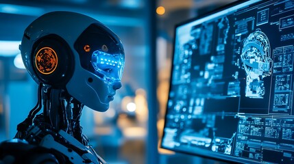 Advanced Robot Observing Technological Data Screen