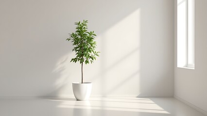 Fototapeta premium A potted plant is set against a bright white wall while sunlight casts detailed shadows, creating a peaceful atmosphere.