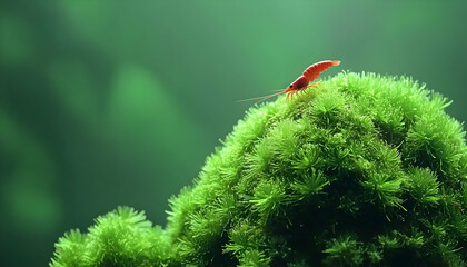 Vibrant red shrimp perched atop lush green moss, creating a captivating contrast against a blurred green background.  A serene aquatic scene.
