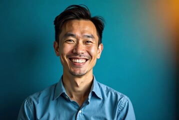 Fototapeta premium Smiling Asian Man Portrait - Blue Background AI Photo - Joyful Mood