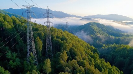 Power Lines Over Green Forests with Mountains and Fog in Background