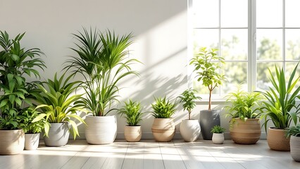 Fototapeta premium Minimalist interior with a wooden floor, an empty wall mockup, sunlight and plants ,modern interior design,modern living room, room with wall and window, room with a window, plant pot in room