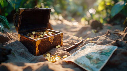 Treasure chest filled with gold coins on sandy ground with a map nearby

