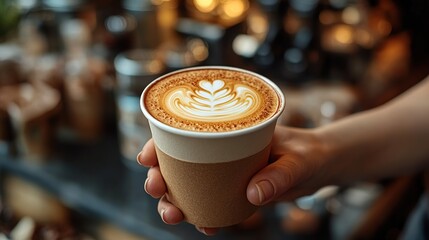 Close-up of a hand holding a takeaway cup of latte art coffee.