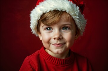 little boy in a red sweater and a Santa hat close-up, on a red-burgundy background 