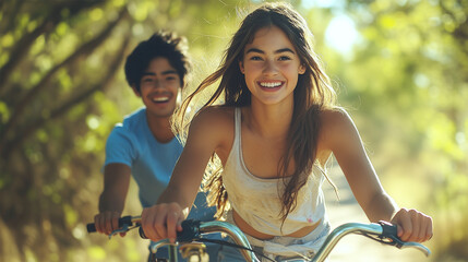 Obraz premium Happy young couple riding bicycles on sunny path surrounded by vibrant greenery 