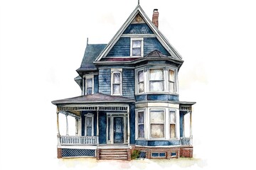 Watercolor illustration of blue vintage house with porch.