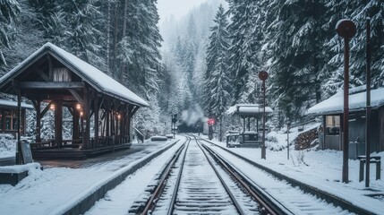Snow-blanketed tracks and empty platform surrounded by tall pines and rustic wooden structures