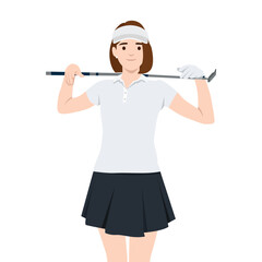 Young woman playing golf. In sports clothing. Flat vector illustration isolated on white background
