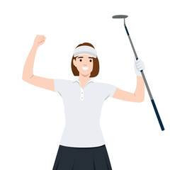 Young jubilant golfer enjoys the victory. Flat vector illustration isolated on white background