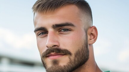 Fototapeta premium A handsome young Caucasian man with a well-groomed beard and stylish haircut, gazing confidently at the camera against a soft blue sky.