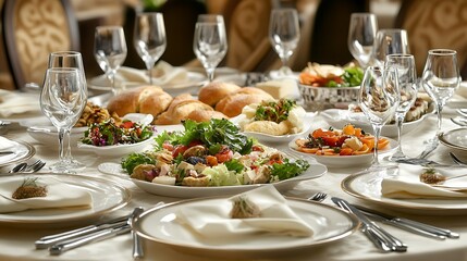 Fototapeta premium A beautifully set dining table with an elegant array of dishes, including fresh salads, bread, and a main course 