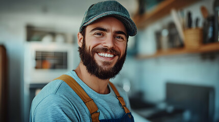 Happy Craftsman, Portrait of a Smiling Man in Overalls
