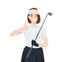Golf player success woman giving thumbs up hand sign holding golf club. Flat vector illustration isolated on white background