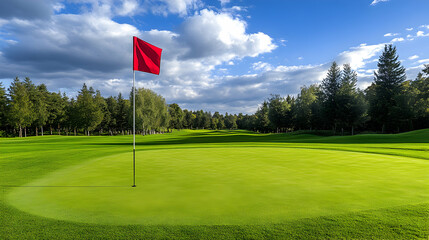 Obraz premium Scenic Golf Course, Lush Green Fairway with Red Flag under a Blue Sky