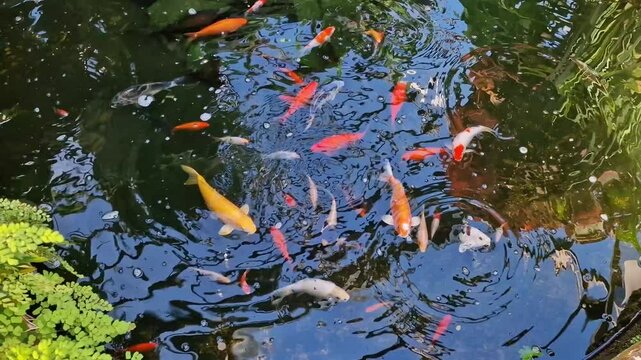 Colorful koi fish in a pond at Inverness Botanical Gardens, Scotland

