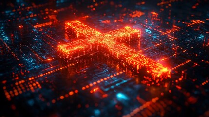 Fototapeta premium Futuristic Metallic Cross with Digital Holograms Blending Tradition and Technology