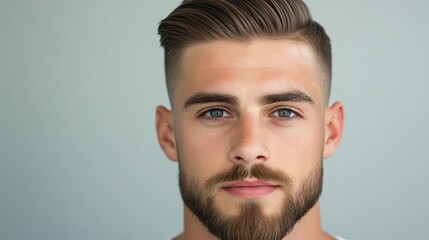 Fototapeta premium Young Caucasian man with stylish haircut and beard, showcasing a confident expression against a soft gray background.