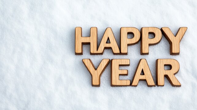 Celebratory wooden text 'happy year' 3d design cozy home environment new year vibes indoor viewpoint
