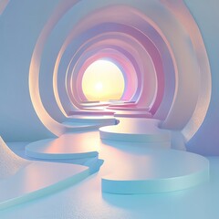 Obraz premium Business and self-development of A 3Drendered abstract pathway curving through floating pastel platforms, representing a journey toward success with a light in the distance
