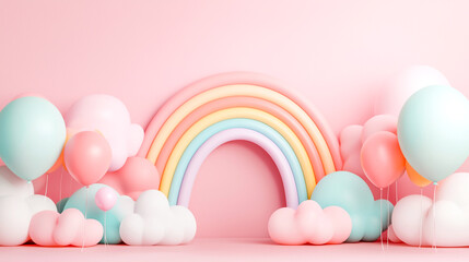 Bright, pastel rainbow with balloons and clouds on a soft pink backdrop, evoking a whimsical and cheerful atmosphere.