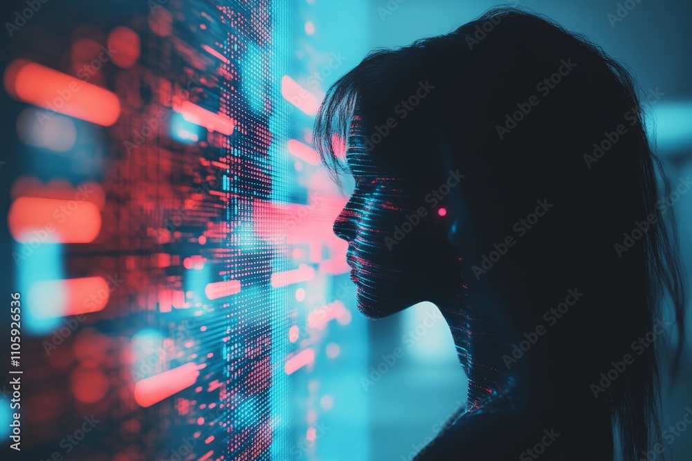 Poster profile of a woman in front of digital display with data streams and light effects, exploring techno