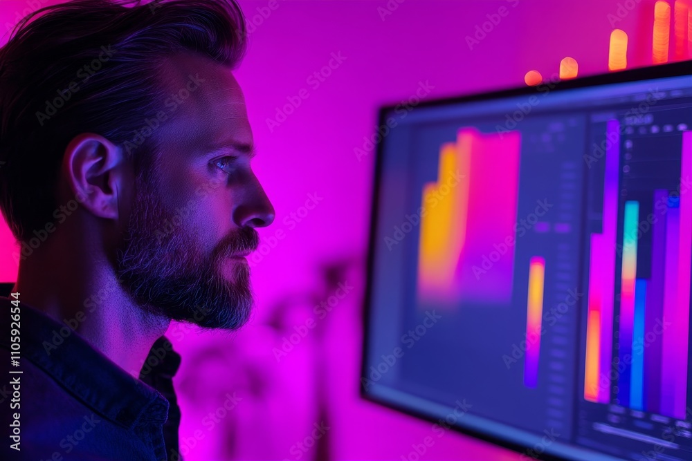 Poster profile of a man analyzing data on a computer screen with vibrant, colorful graphs and visualization