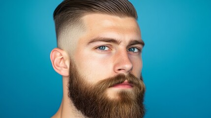 Obraz premium Portrait of a young Caucasian man with a stylish beard and haircut, showcasing piercing blue eyes against a vibrant blue background.