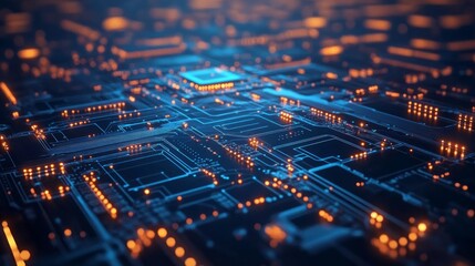 Fototapeta premium Abstract close-up of a glowing circuit board, showcasing intricate technological pathways and connections.