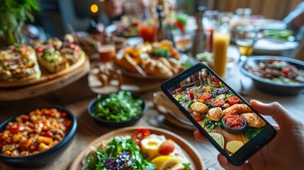Obraz premium restaurant owner takes a picture of the food on the table with a smartphone to post on a website. Online food delivery, ordering service, influencer, review, social media, share, marketing, interest.