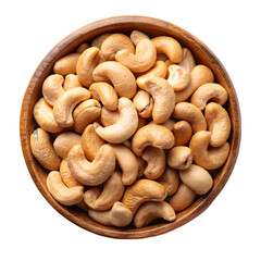 a rustic bowl filled with cashew nuts top view isolated on transparent background