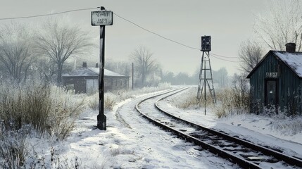 Snowy tracks passing through a small rural station, with an old sign barely visible through frost