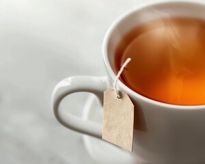 A steaming cup of amber tea with a tea bag tag resting on the side, set against a soft, neutral background.