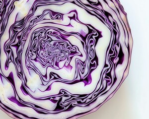 Obraz premium A close-up view of a sliced red cabbage showcasing its intricate, spiraled layers with vibrant purple and white patterns.