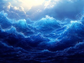 Bold Gradient of Crashing Deep Ocean Waves in Vibrant Turquoise and Navy Blues